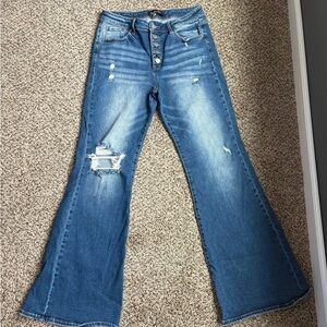 Womens Blue Distressed Flare Jeans